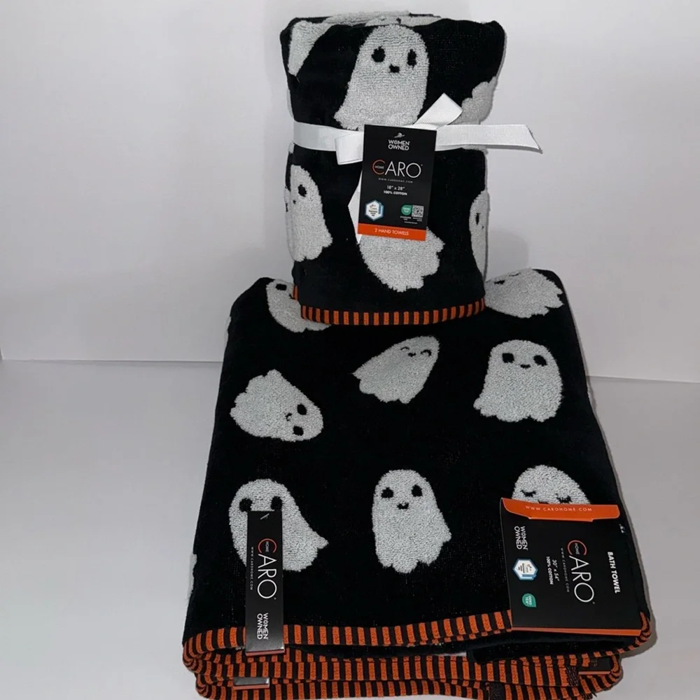 Caro 4 Piece Cotton Bath Towel Set Halloween Black Orange White Raised Ghosts